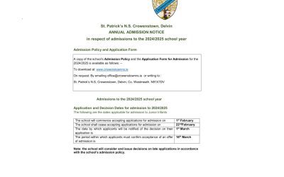 Annual Admission Notice St. Patrick’s N.S.